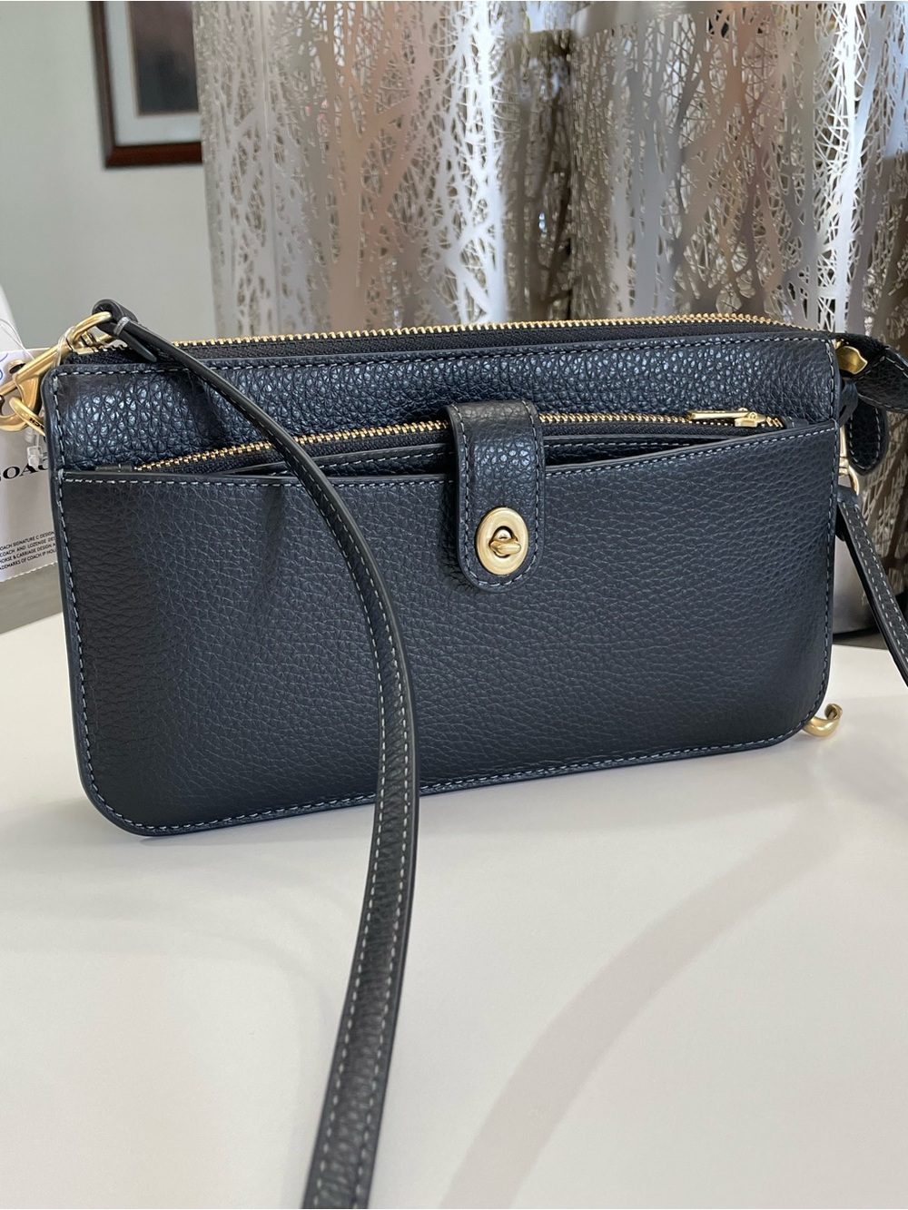 Coach Classic Black Leather Crossbody Bag with Gold Hardware